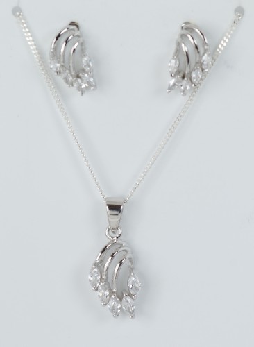 Sterling Silver/CZ Marquis Pendant and Chain with Matching Stud Earrings